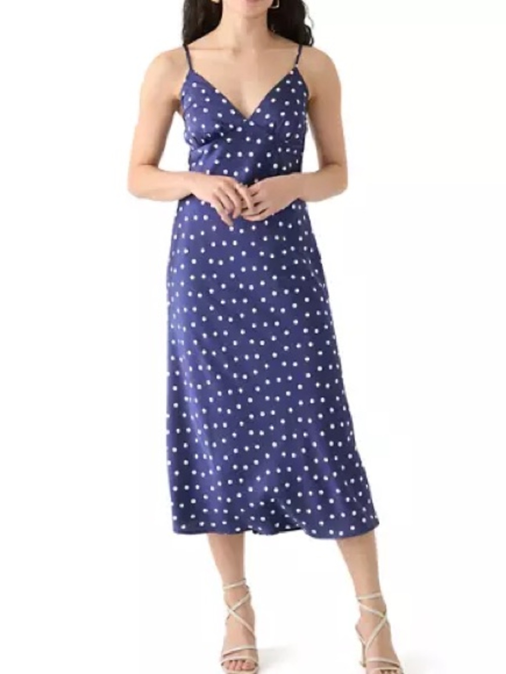 Navy Polka Dot Slip Midi Dress with Spaghetti Straps